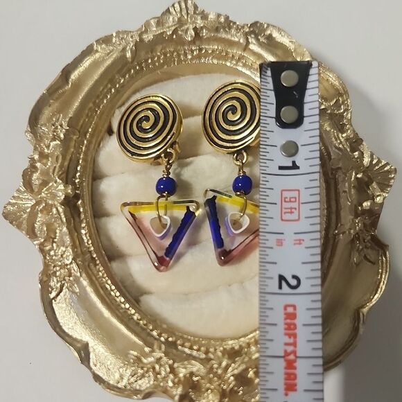 Matte Gold Clip On Earrings with Multicolor Glass Accent Drop - Picture 6 of 6